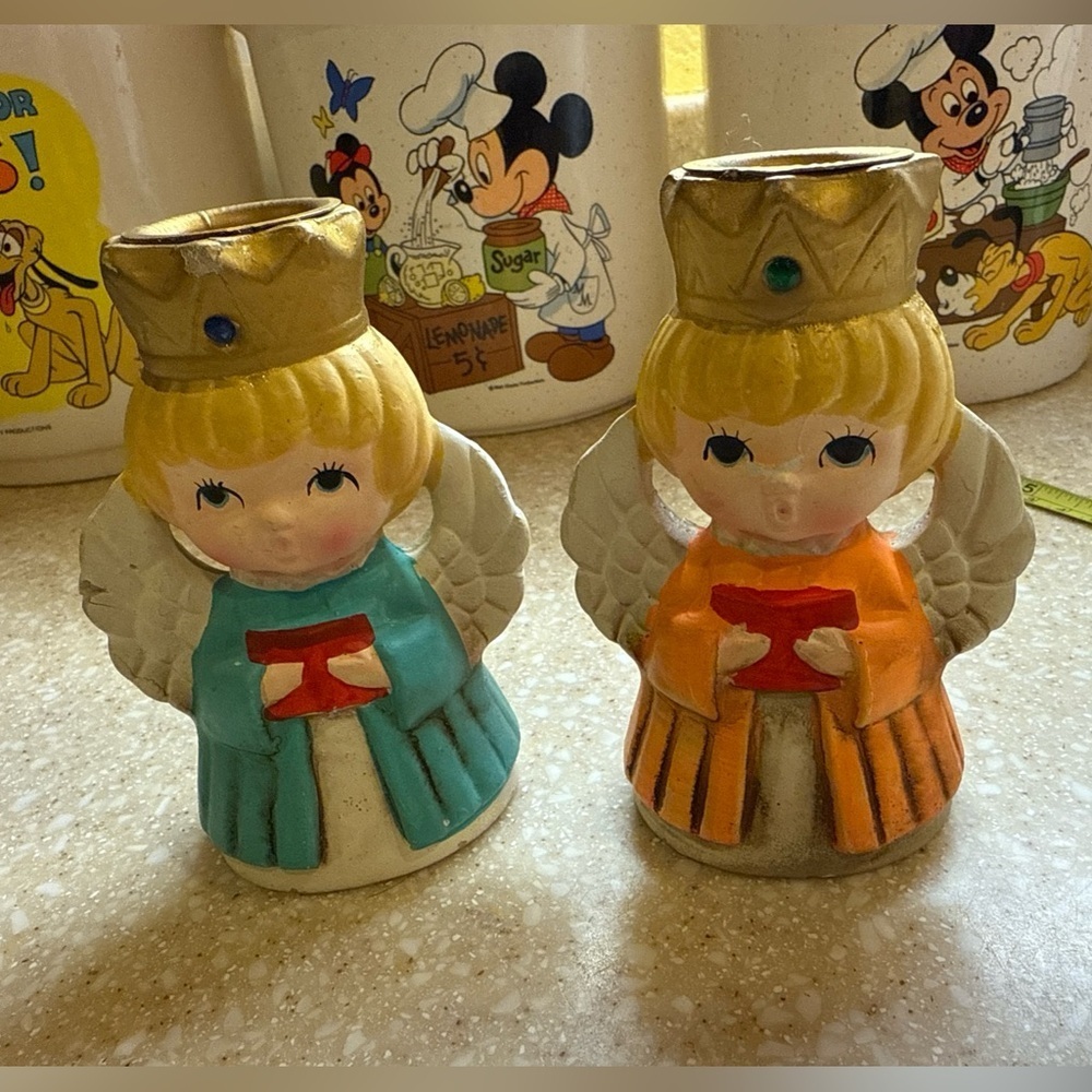 Vintage Homco Angel Figurines Candle Holders Gold Orange robes Christmas Holiday